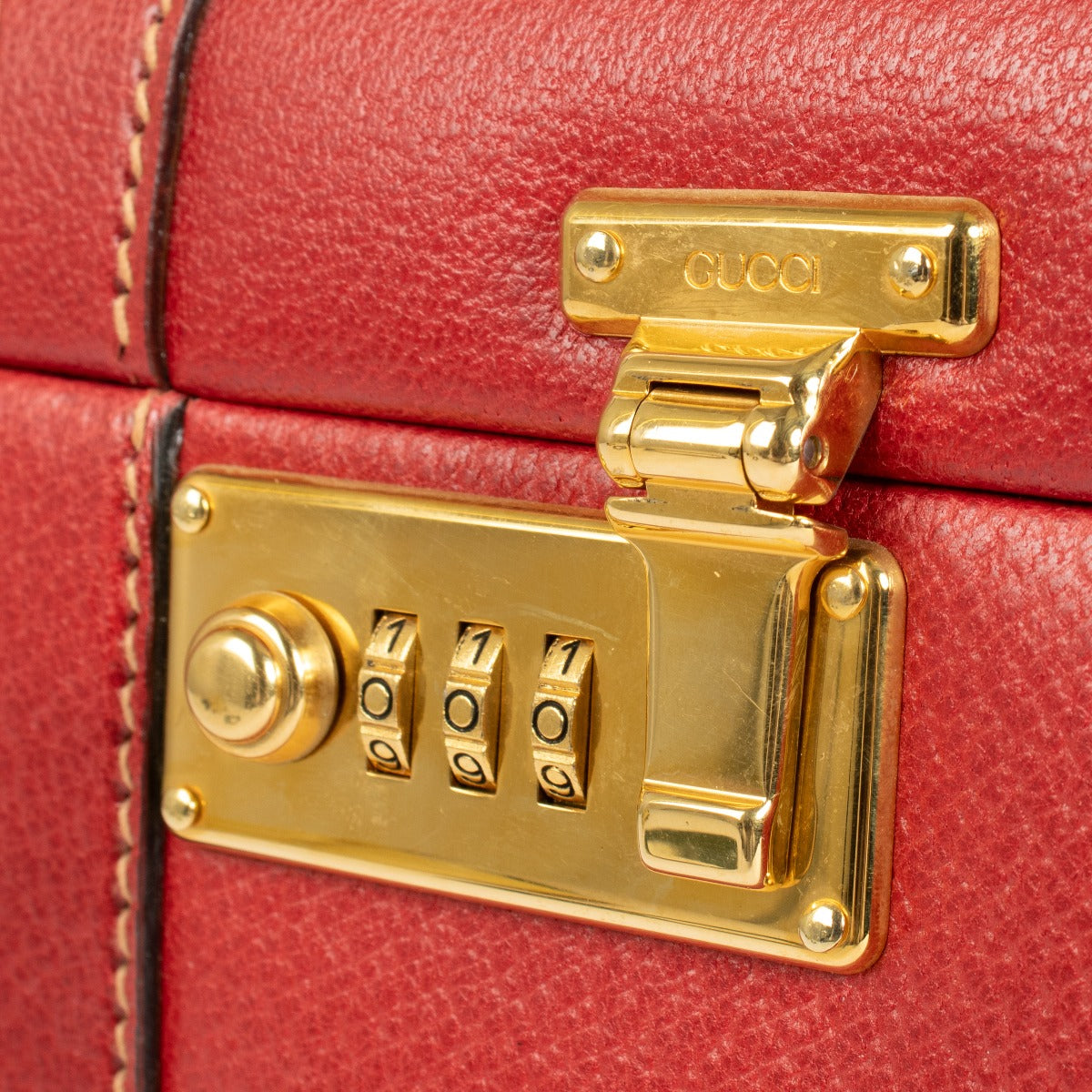 Gucci vintage red leather beauty case with gold locks and mirror interior at Labellov.com
