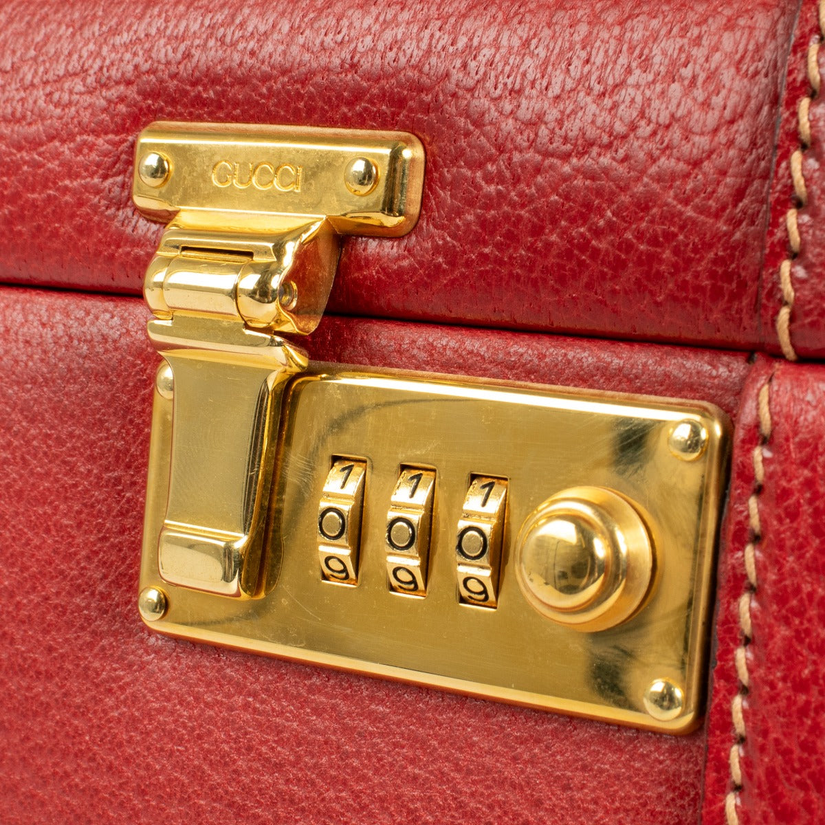 Gucci vintage red leather beauty case with gold locks and mirror interior at Labellov.com