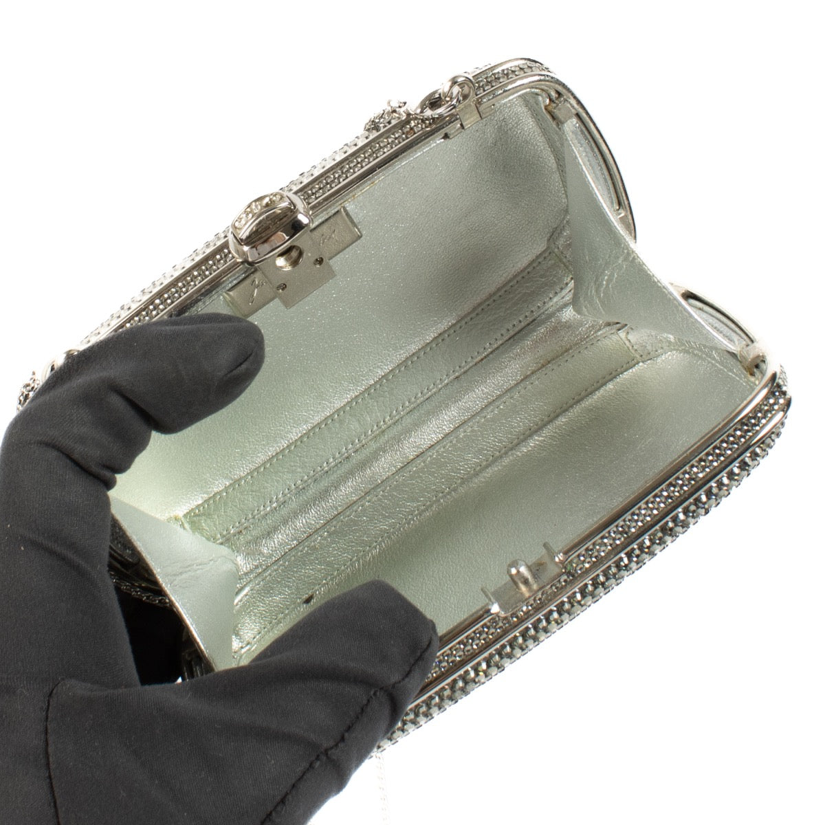 Authentic second hand Judith Leiber Silver Crystal Chain Clutch on Labellov.com