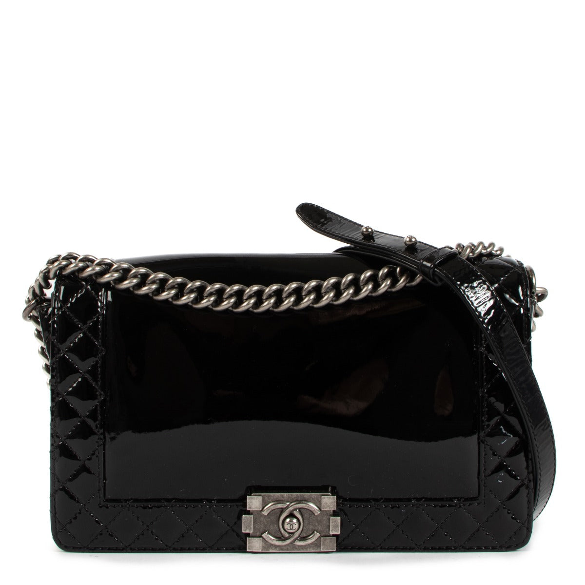 Chanel Black Patent Leather Large Boy Reverso Bag