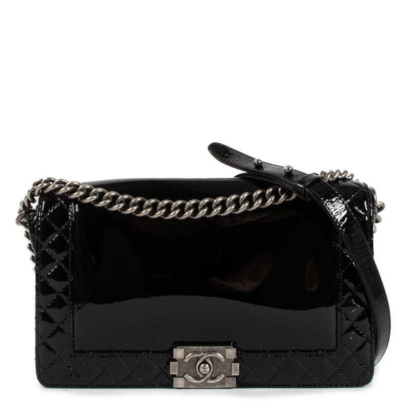 Chanel Black Patent Leather Large Boy Reverso Bag
