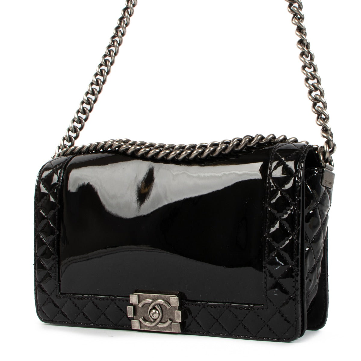 Chanel Black Patent Leather Large Boy Reverso Bag