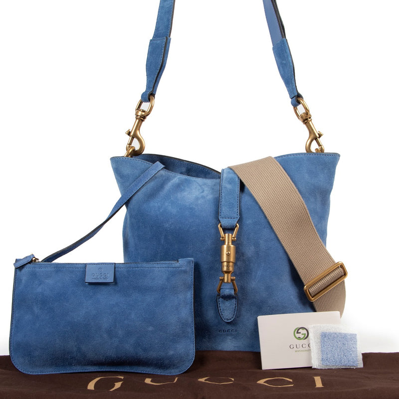 Gucci Blauwe Zachte Suède Crossbody met 2 Banden