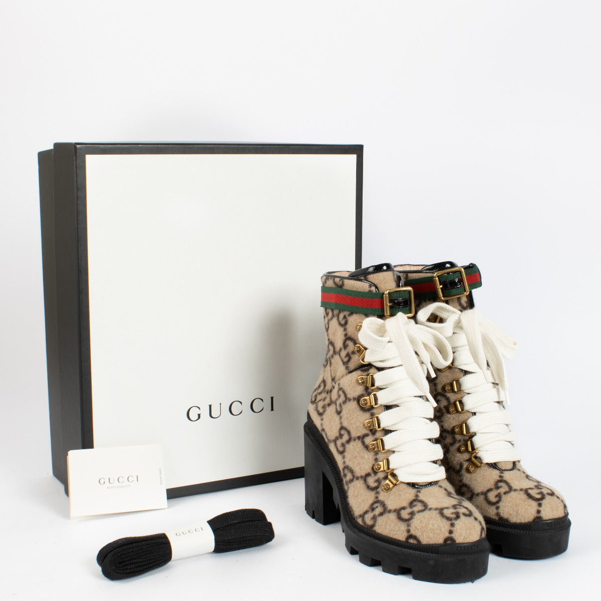 Authentic preloved Gucci Beige GG Wool Trip Combat Boots - Size 37 on Labellov.com
