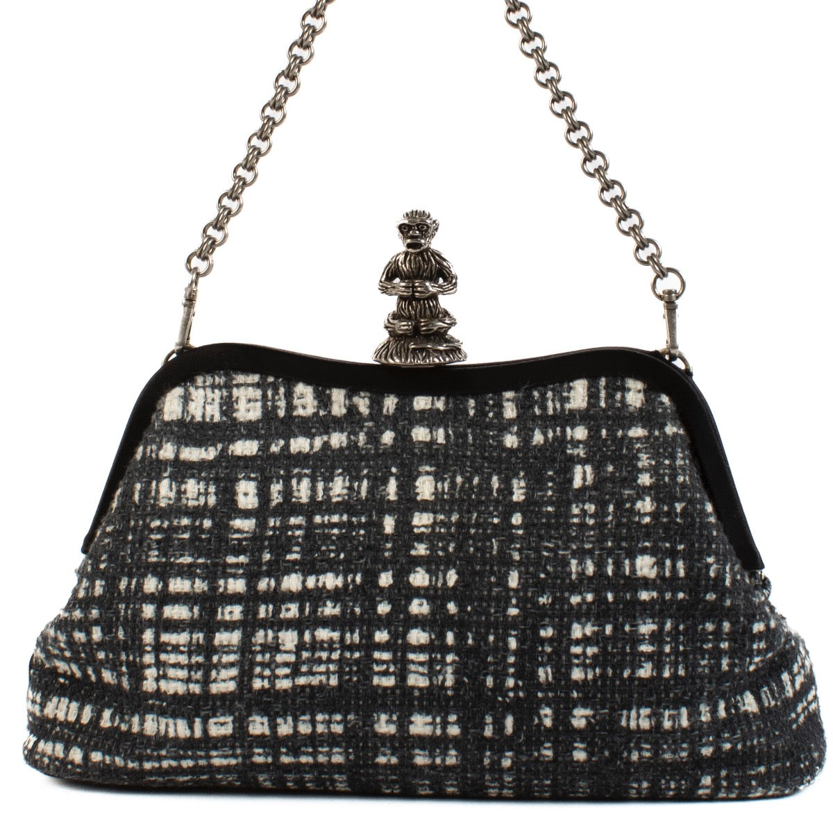 Shop 100% authentic Prada Grey Tweed Monkey Closure Chain Clutch at Labellov.com.