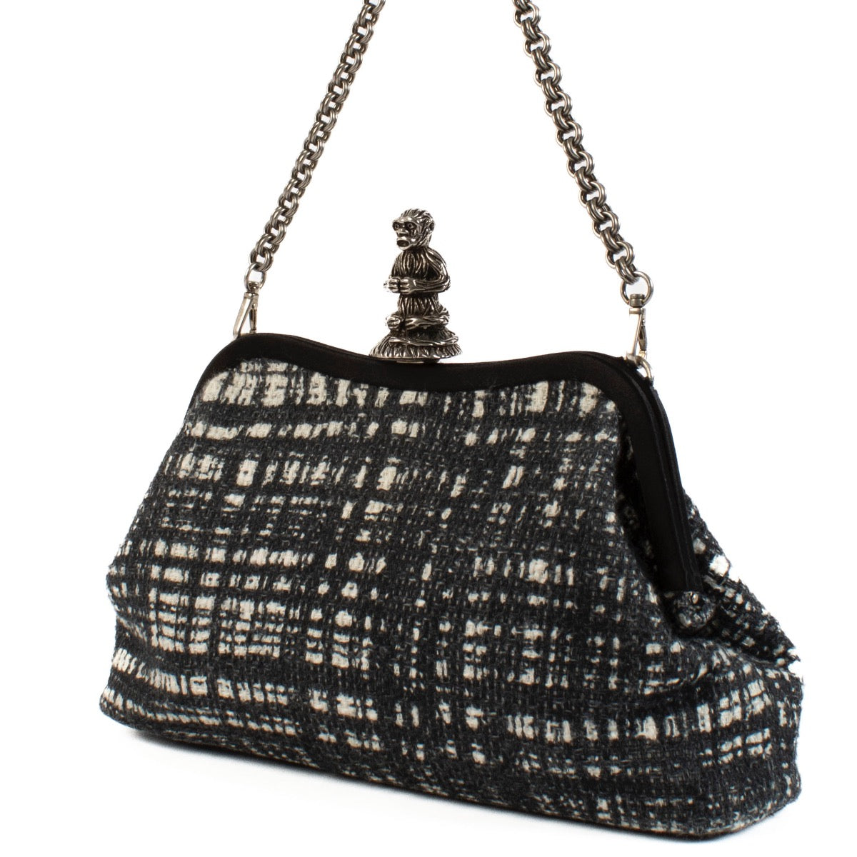 Shop 100% authentic Prada Grey Tweed Monkey Closure Chain Clutch at Labellov.com.