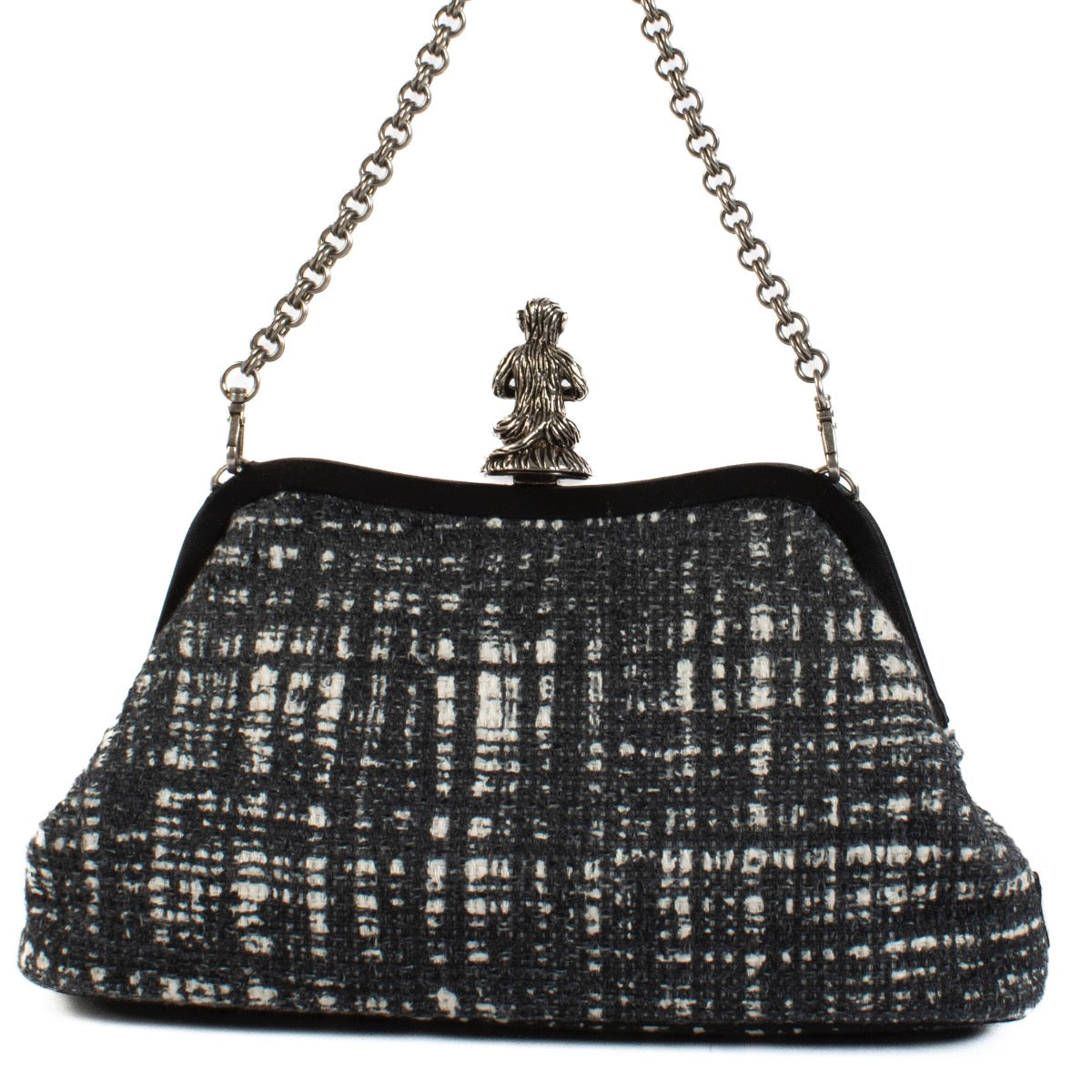 Shop 100% authentic Prada Grey Tweed Monkey Closure Chain Clutch at Labellov.com.