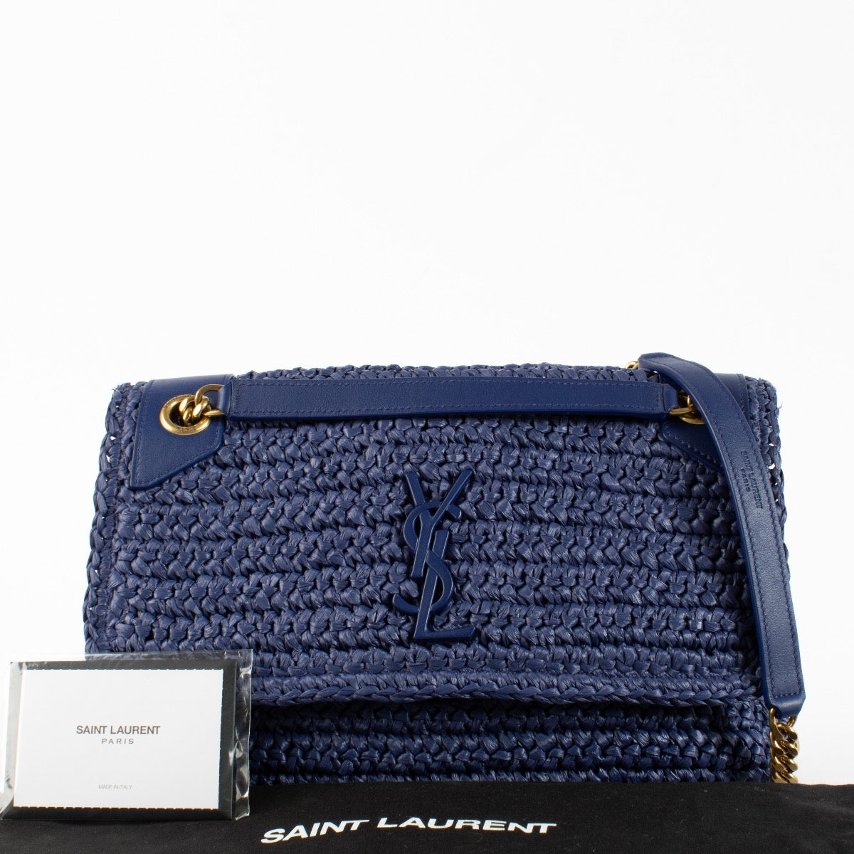 Authentic Second Hand Saint Laurent Blue Raffia Medium Niki Bag on Labellov.com