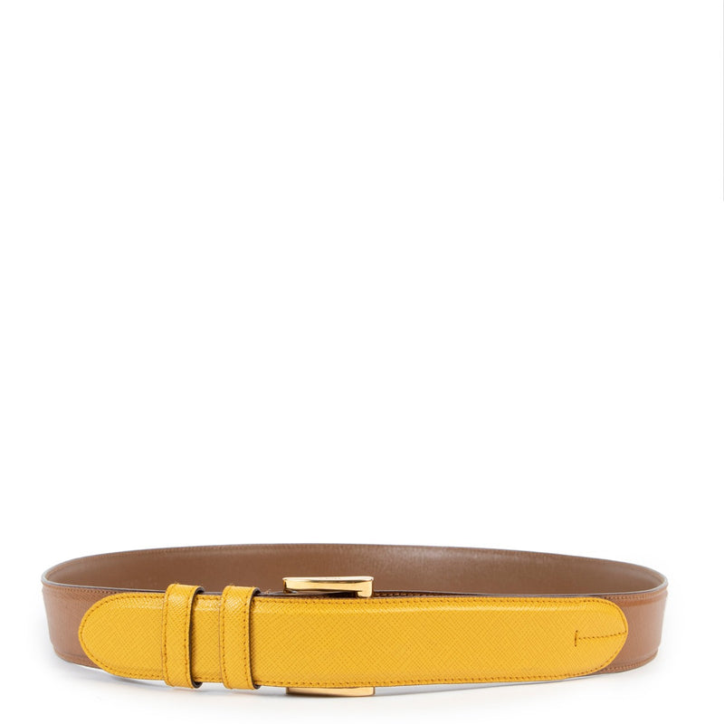 Shop safe online at Labellov in Antwerp this 100% authentic second hand Prada Camel Saffiano Leahter Belt - Size 95