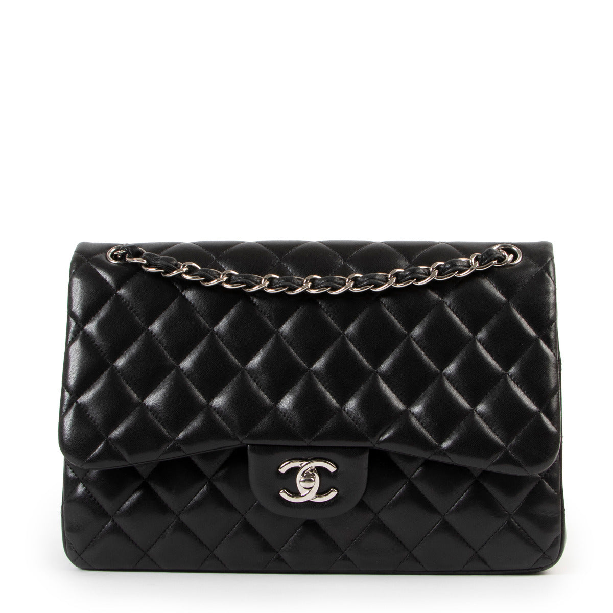 Chanel Black Lambskin Jumbo Classic Flap Bag PHW for the best price at Labellov