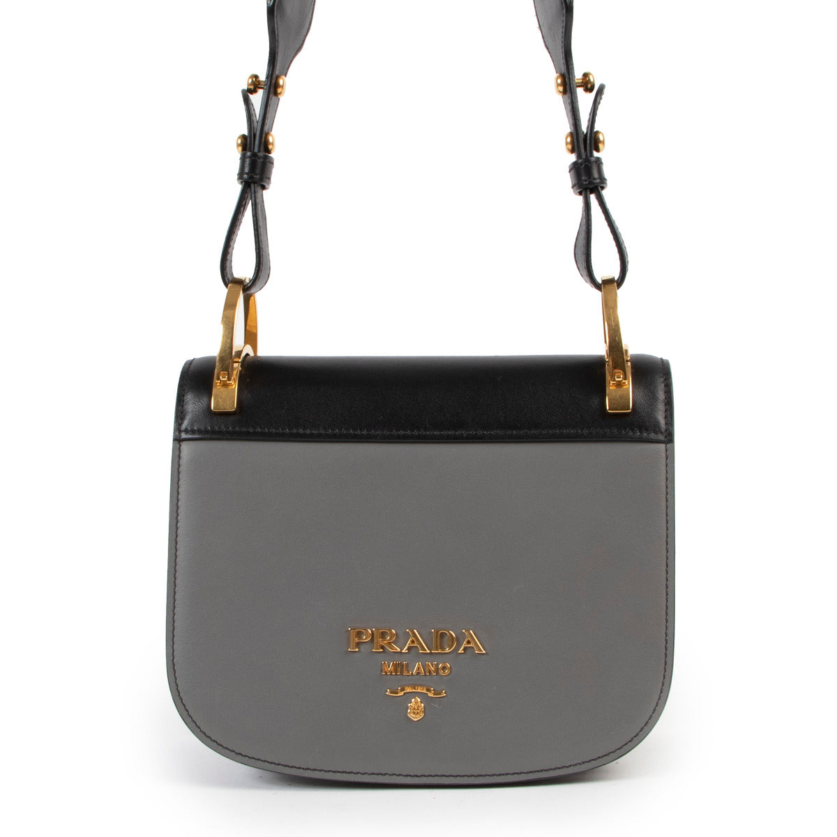 Prada Two-Tone City Calf Pionniere Saddle Bag for the best price at Labellov secondhand luxury in Antwerp