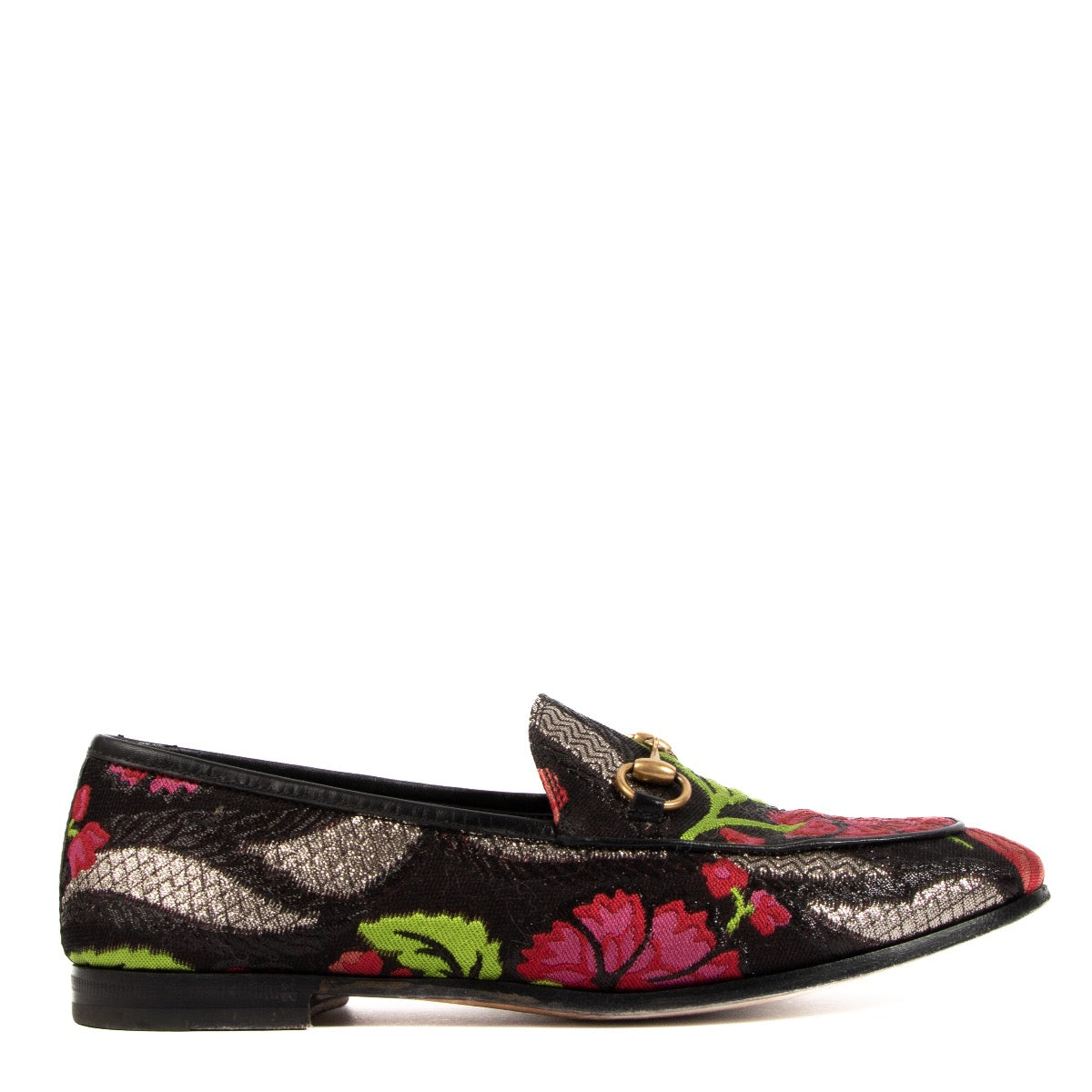 Shop authentic preloved Gucci Black Floral Embroidered Jordaan Horsebit Slip On Loafers - Size 37 on Labellov.com