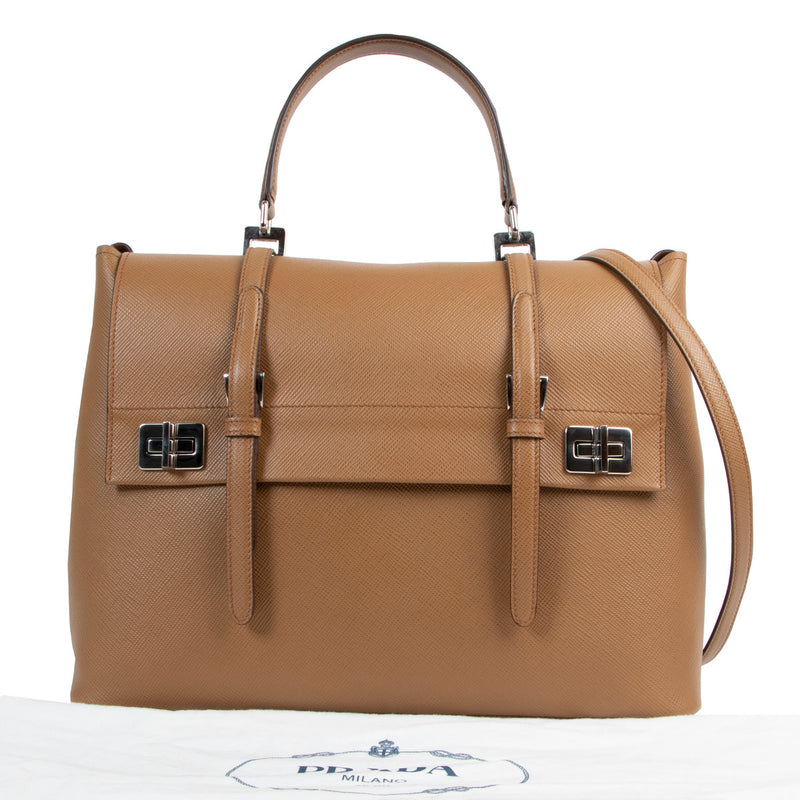 Prada Beige Saffiano Double Turn Lock Satchel