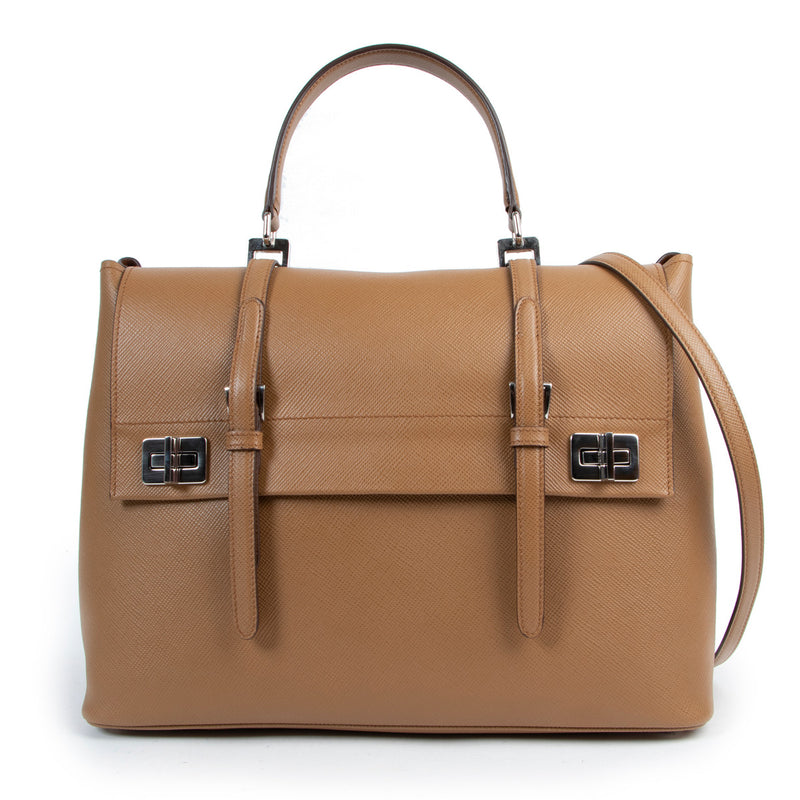 Prada Beige Saffiano Double Turn Lock Satchel