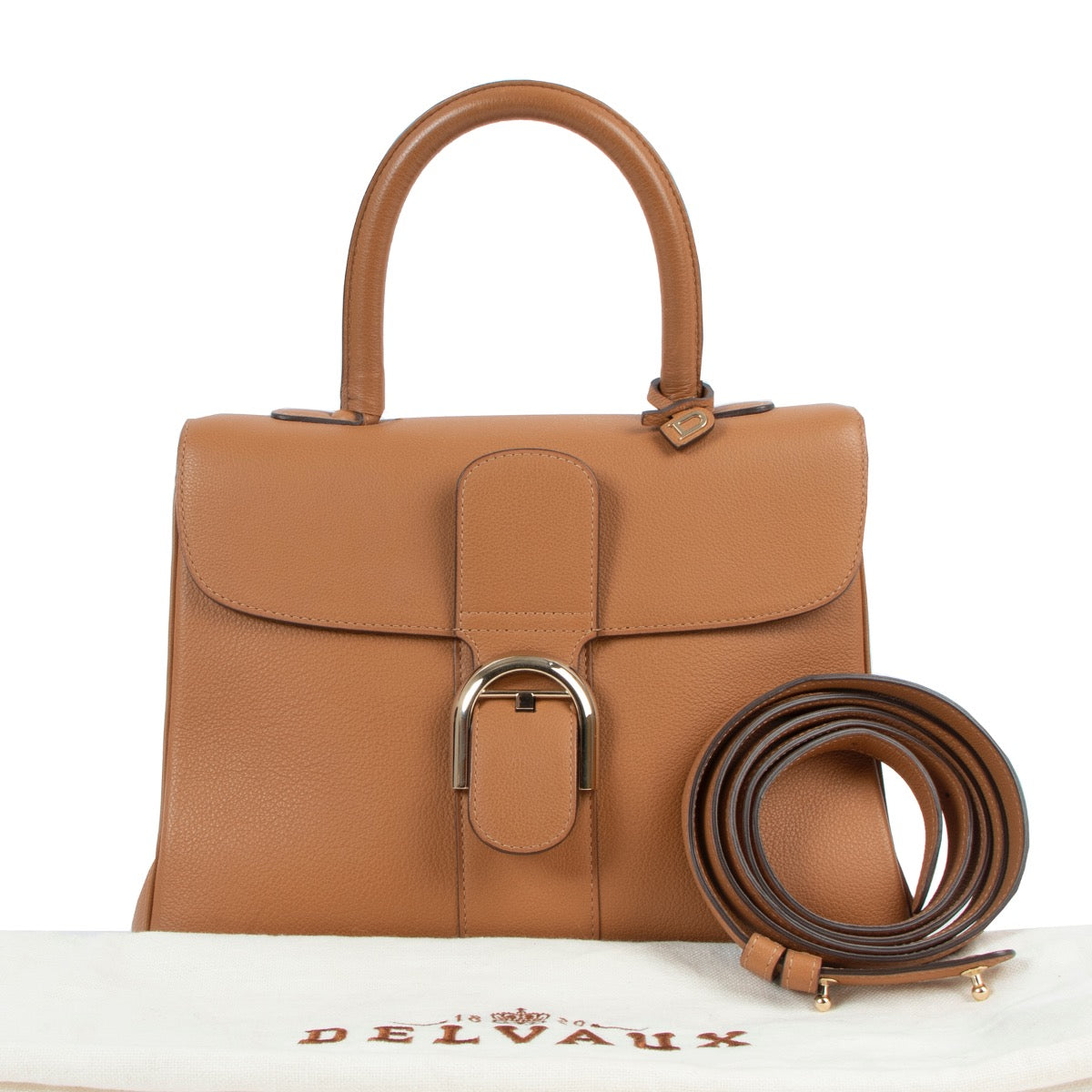 Shop safe online at Labellov in Antwerp this 100% authentic second hand Delvaux Brillant MM Fauve + Strap