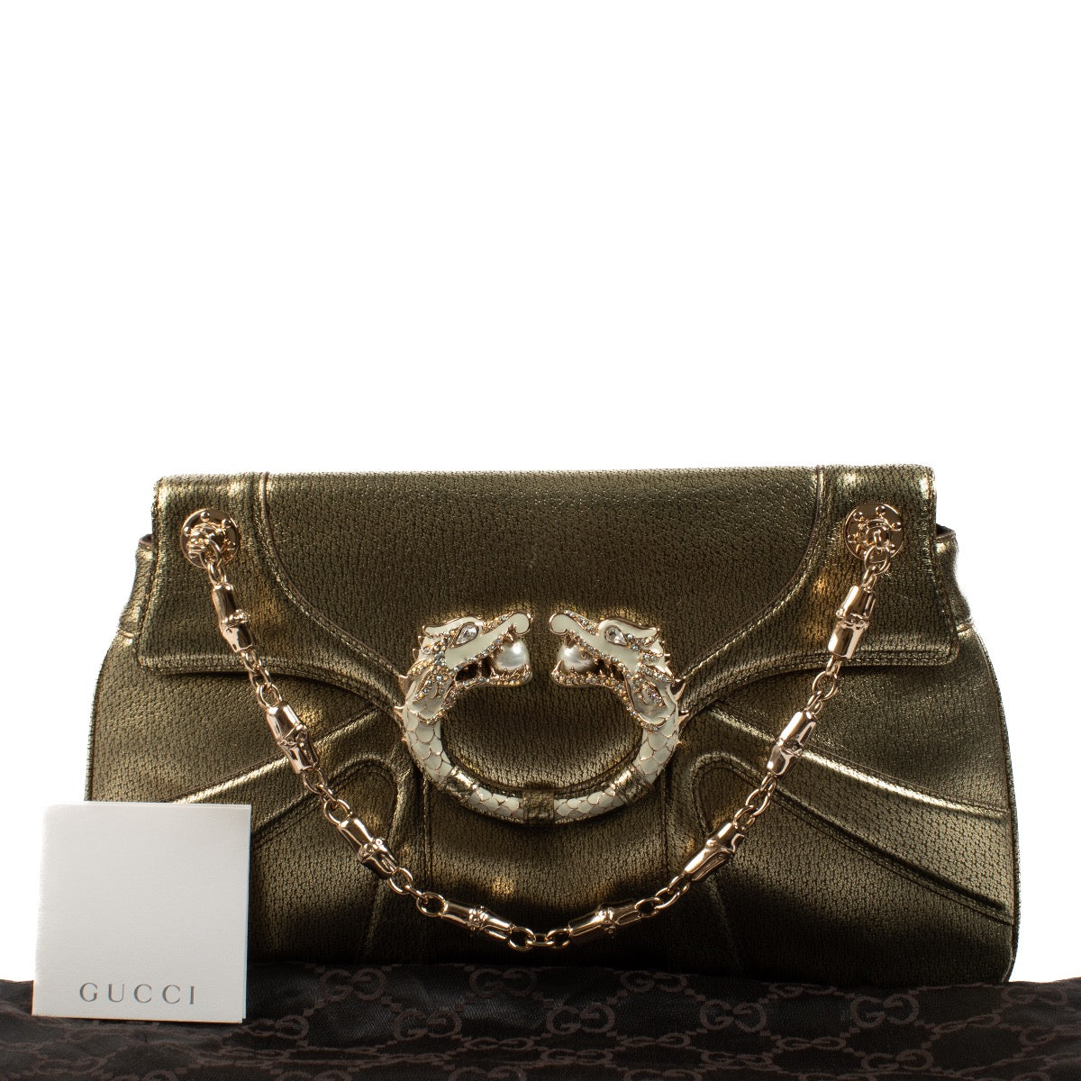 Shop safe online at Labellov in Antwerp, Brussels and Knokke this 100% authentic second hand Gucci Gold Goatskin Dragon Shoulder Bag. Veilig online tweedehands authentieke Gucci Gold Goatskin Dragon Shoulder handtas kopen bij Labellov.