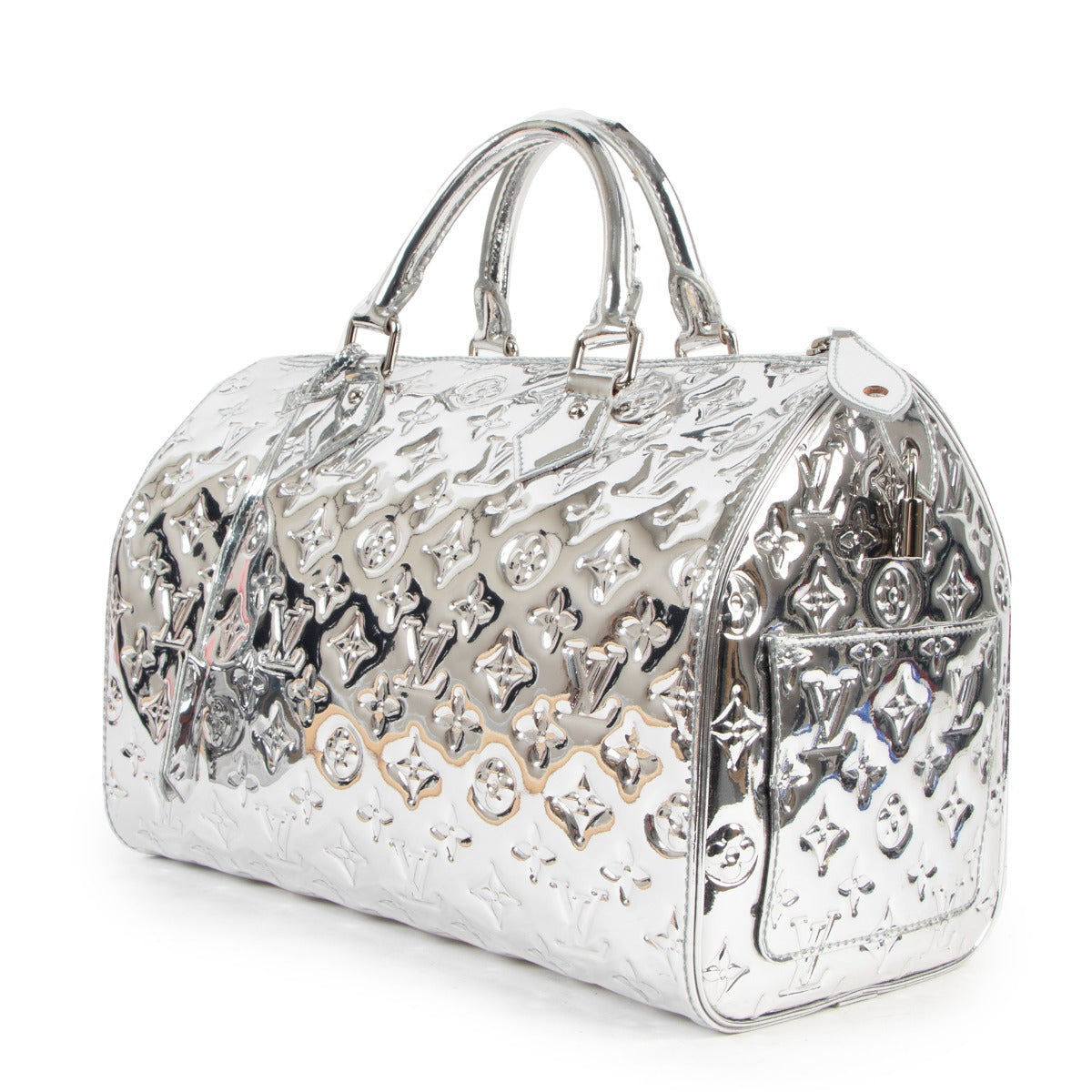 Second hand rare collector's item louis vuitton speedy 35 silver miroir monogram vinyl