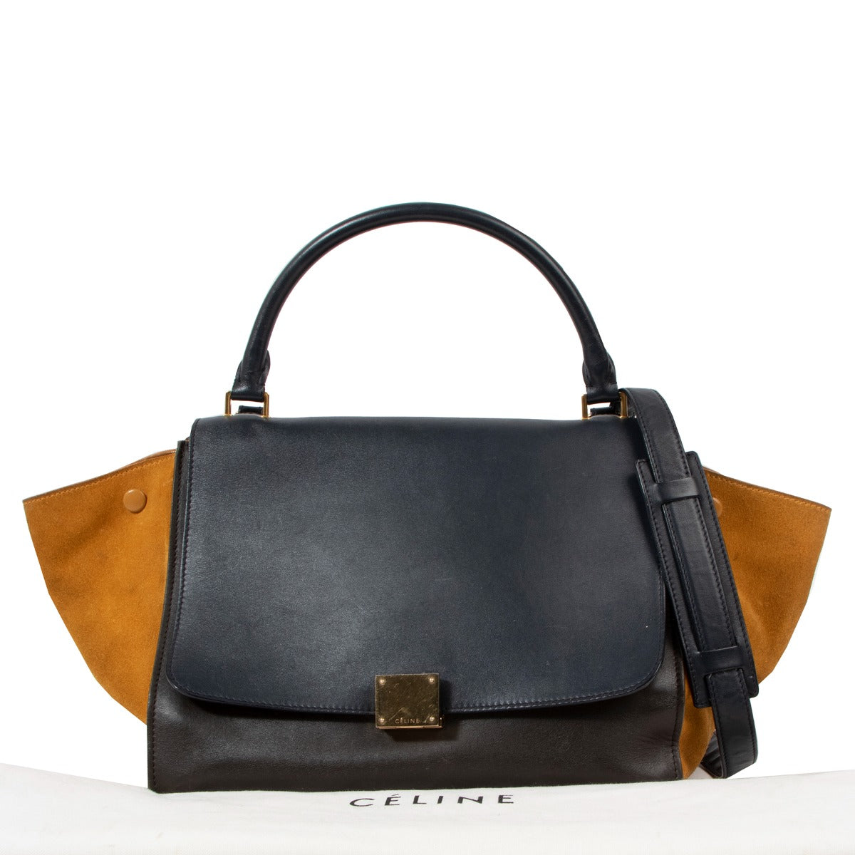 Celine Brown Calfskin & Orange Suede Medium Trapeze Top Handle Bag