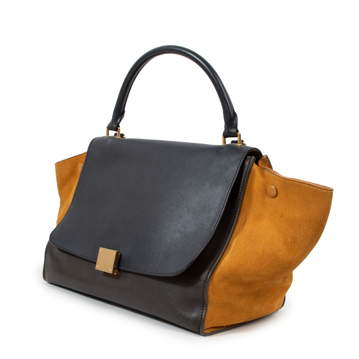 Buy an authentic second hand Céline Brown Calfskin & Suede Trapeze Top Handle Bag in good condition at Labellov Antwerp.