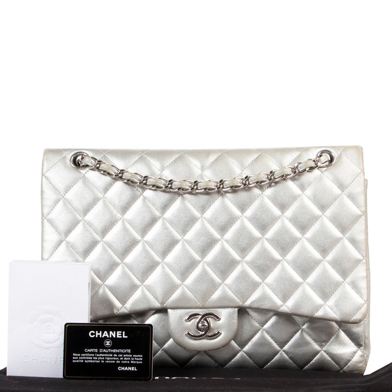 Chanel Zilver Lamsleren Maxi Classic Kleptas