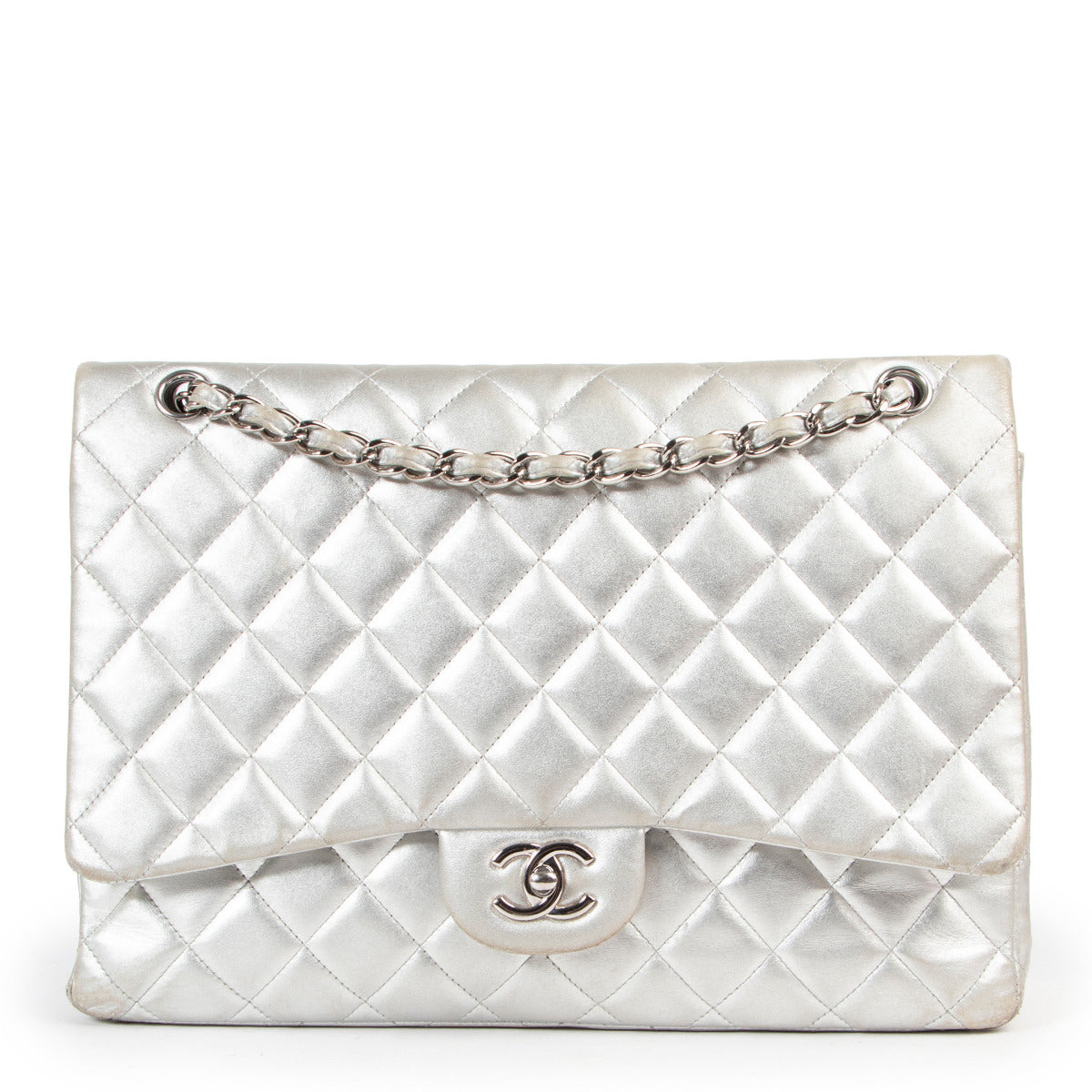 Chanel Zilver Lamsleren Maxi Classic Kleptas