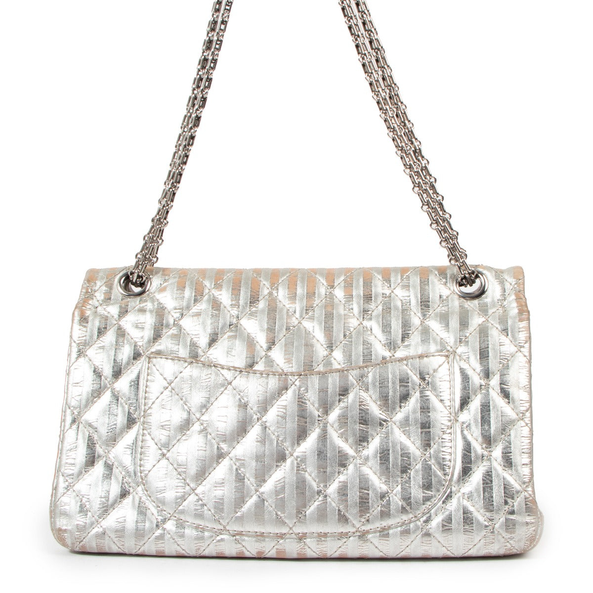 Buy an authentic second hand Chanel Silver Striped Quilted Leather Reissue 2.55 Classic 227 Flap Bag in good condition at Labellov in Antwerp.