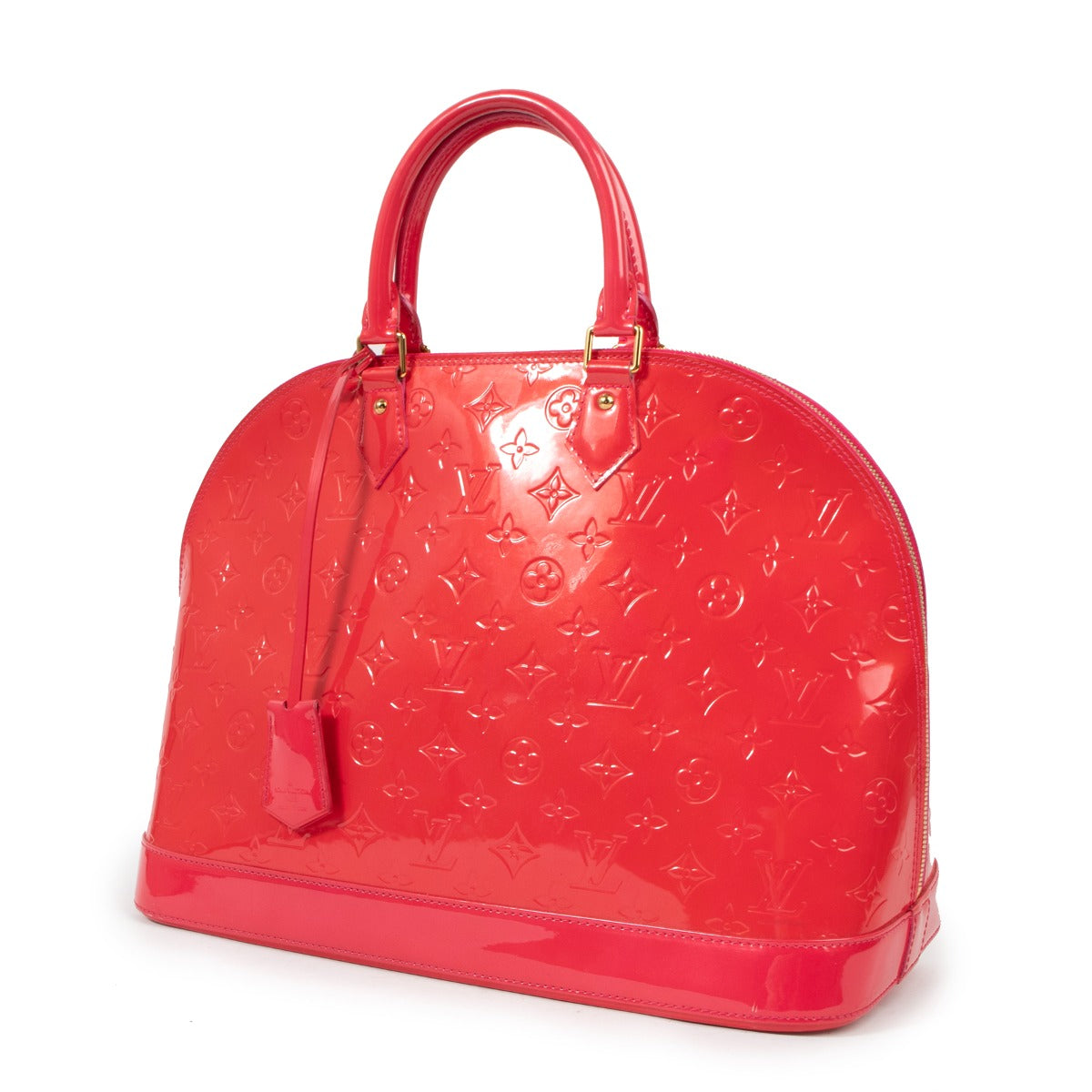 Buy an authentic second hand Louis Vuitton Rouge Grenadine Monogram Vernis Alma GM Bag in good condition at Labellov in Antwerp.