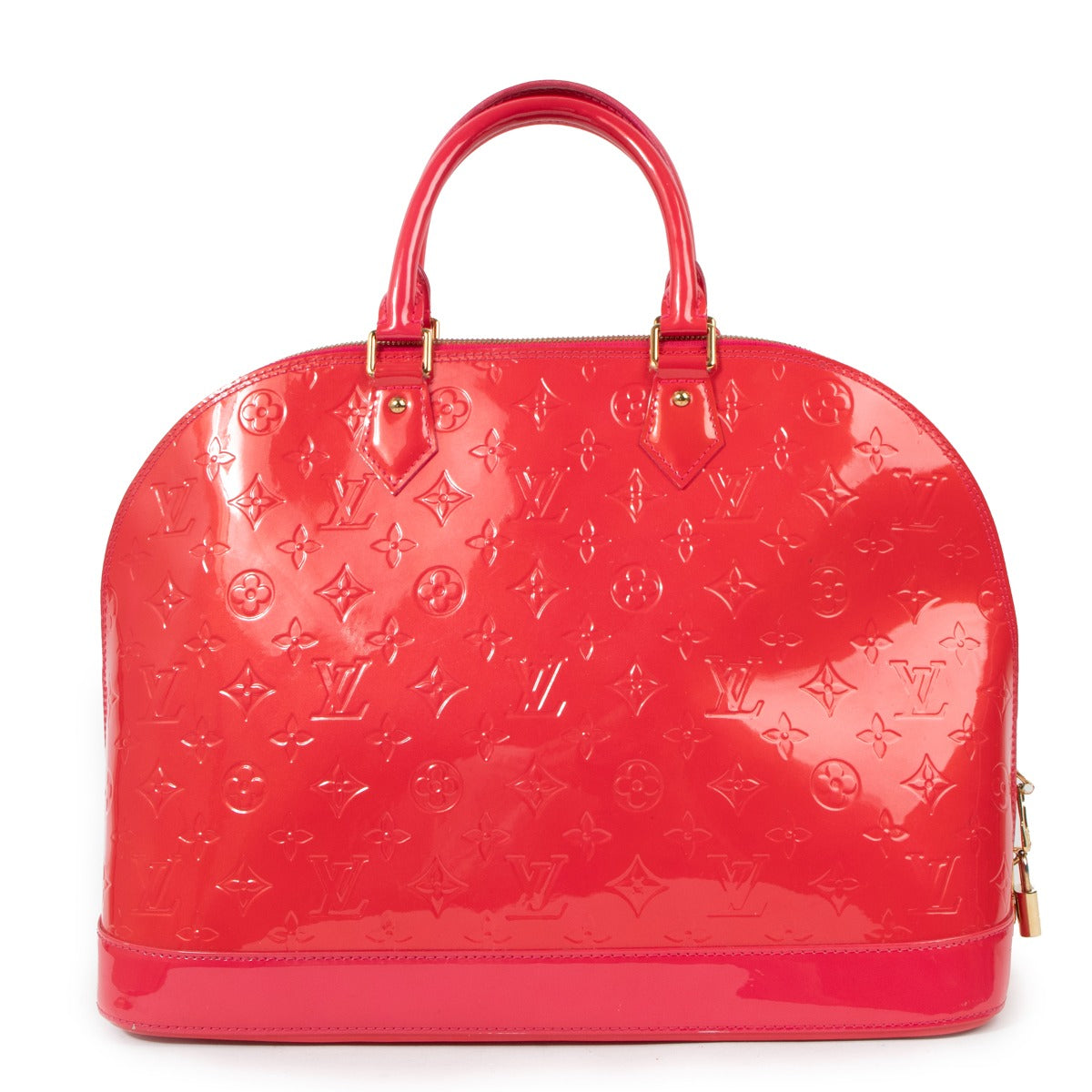 Buy an authentic second hand Louis Vuitton Rouge Grenadine Monogram Vernis Alma GM Bag in good condition at Labellov in Antwerp.