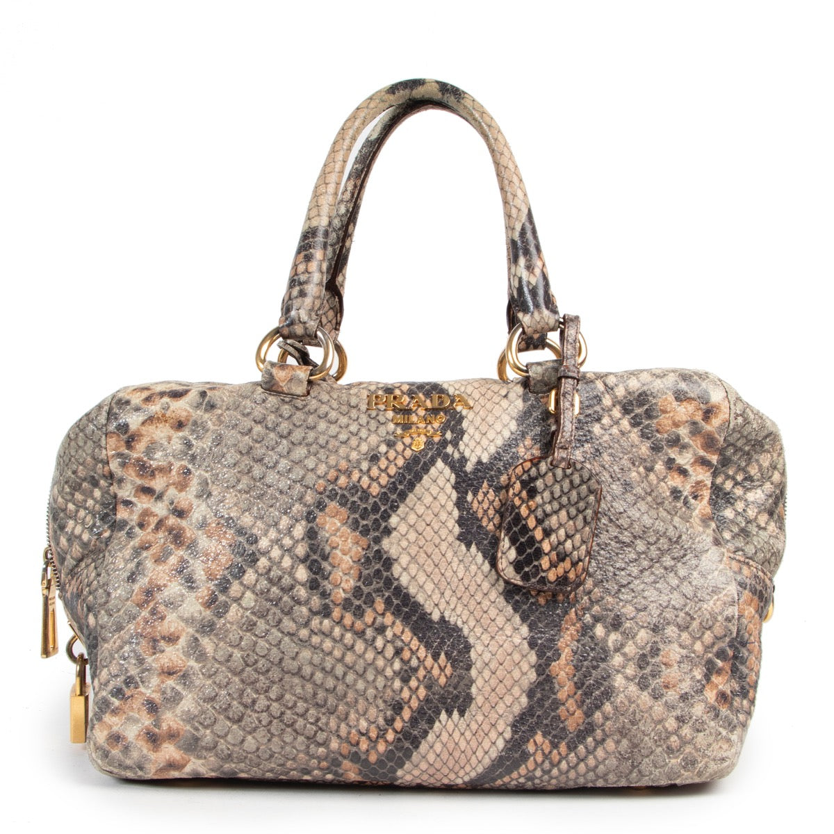Shop safe online authentic second hand Prada Multicolor Snakeprint Top Handle Bag at the right price at Labellov.com.