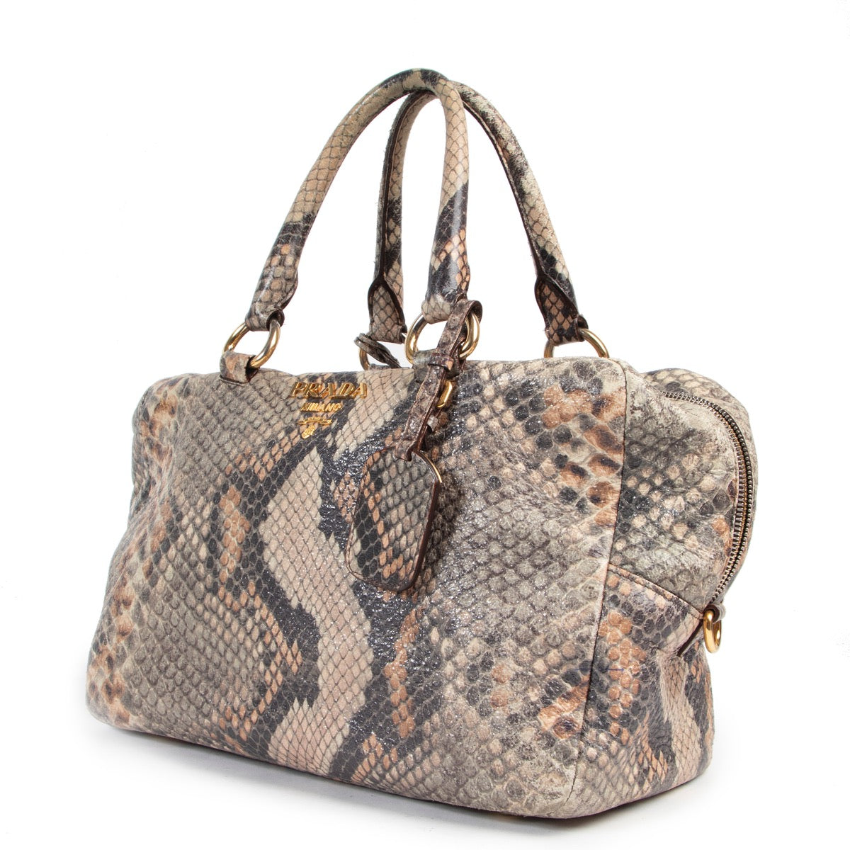 Shop safe online authentic second hand Prada Multicolor Snakeprint Top Handle Bag at the right price at Labellov.com.