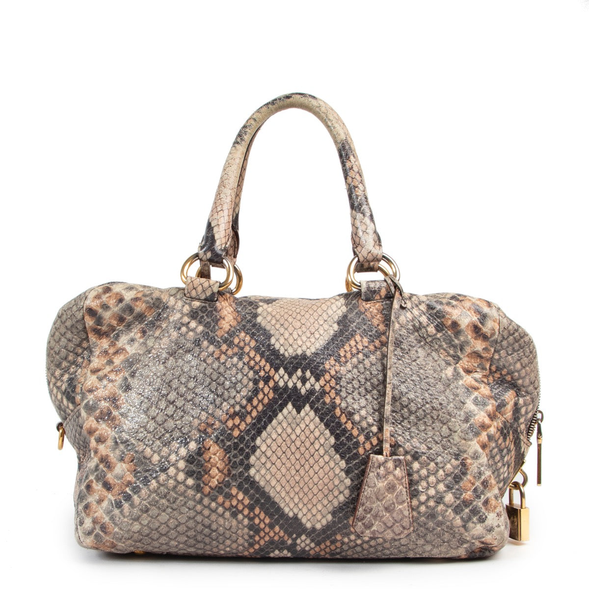 Shop safe online authentic second hand Prada Multicolor Snakeprint Top Handle Bag at the right price at Labellov.com.