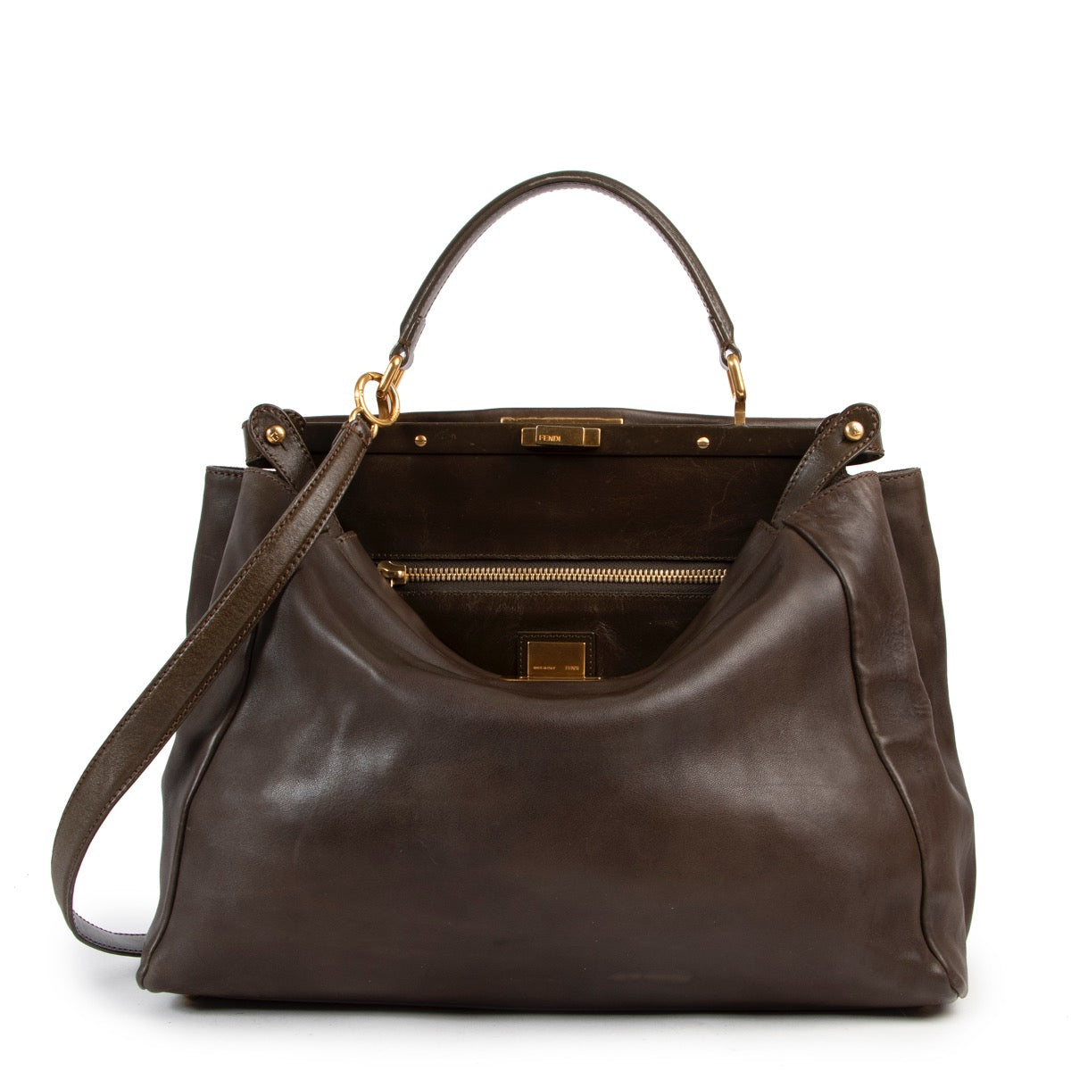 Shop safe online authentic second hand Fendi Khaki Peekaboo Large Shoulder bag at the right price and in very good preloved condition at Labellov.com.