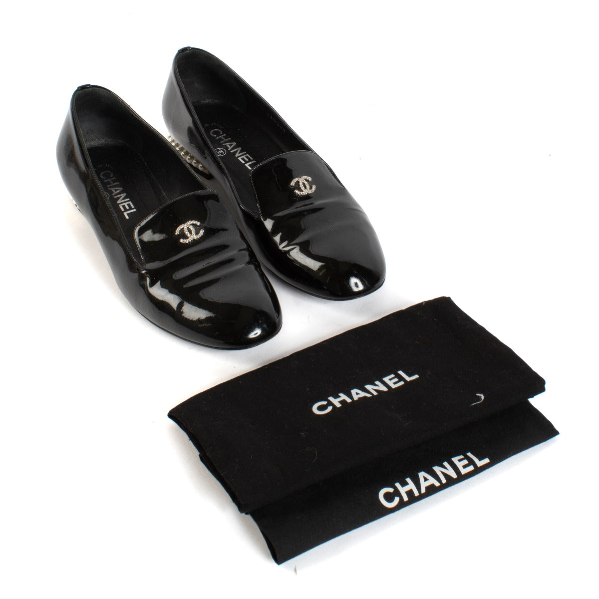 Chanel 16C Black Patent Leather Faux Pearl CC Loafers