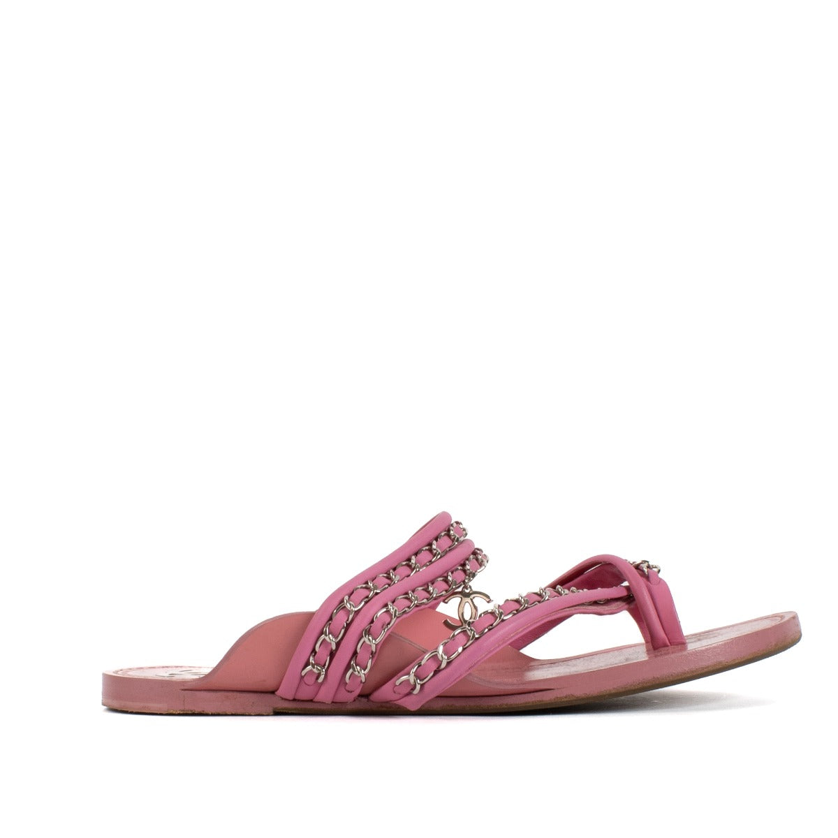 Chanel 19C Pink Leather Silver Chain CC Slide Sandals