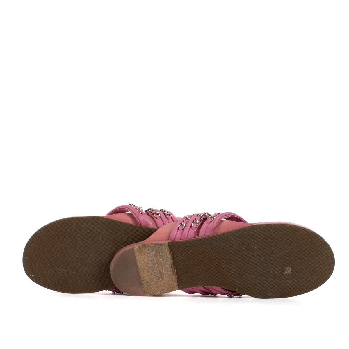 Sandales à enfiler Chanel 19C en cuir rose et chaîne argentée CC - Taille 40