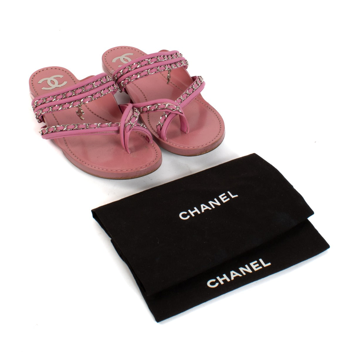 Chanel 19C Pink Leather Silver Chain CC Slide Sandals