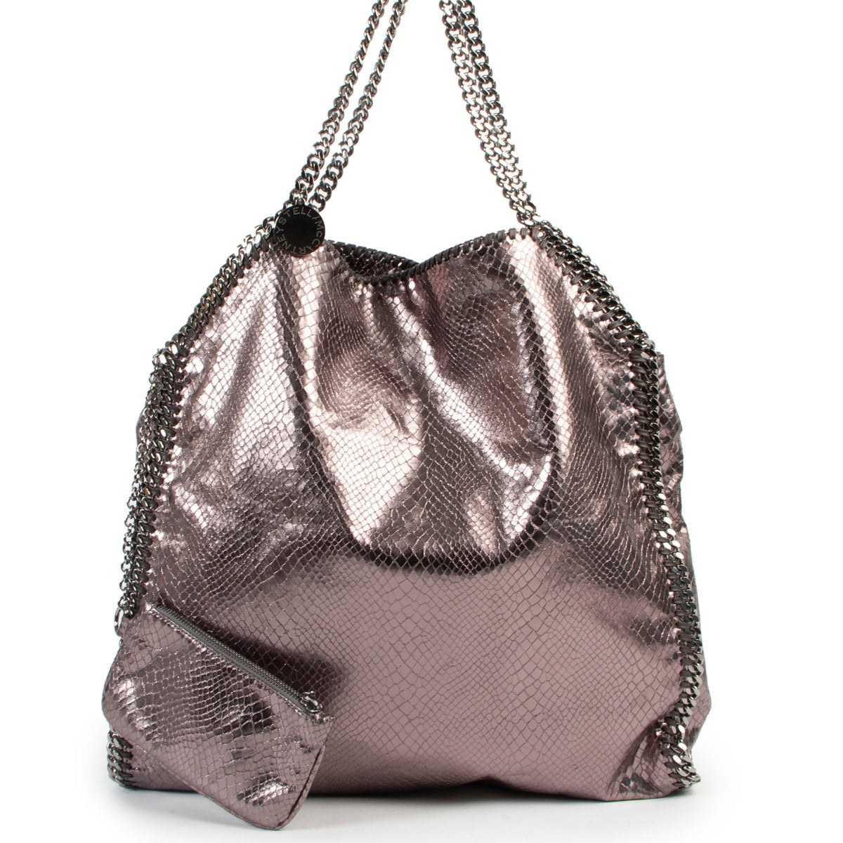 Get this Stella McCartney Grey Metallic Faux-Python Falabella Bag at Labellov for a fair price and in very good condition.