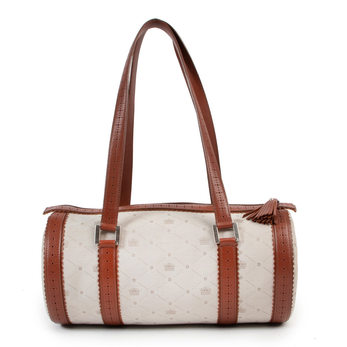 Canvas bag with brown leather and a tassel in good quality on vintage site by Labellov
