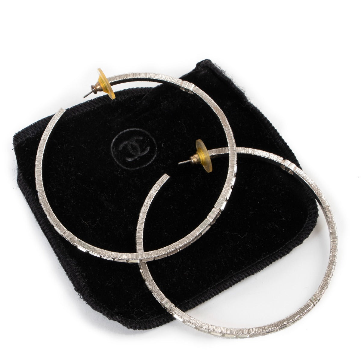 Shop authentic luxury designer vintage Chanel Silver Crystal Hoop Earrings at Labellov