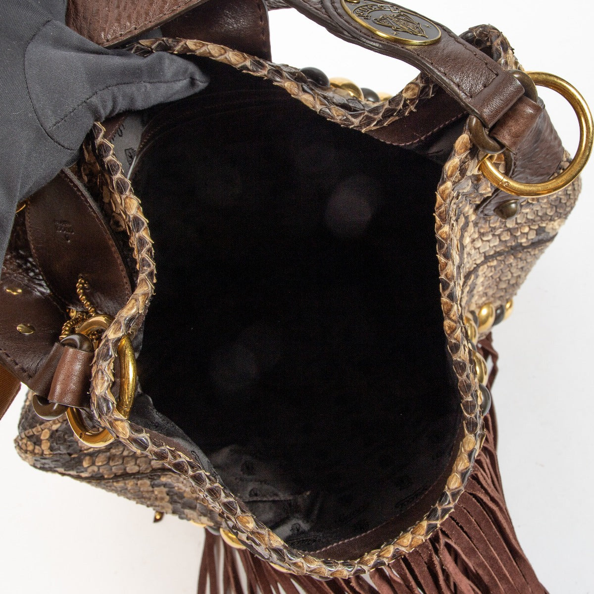 Gucci Bruine Python Fringe Baboushka Hobo Tas