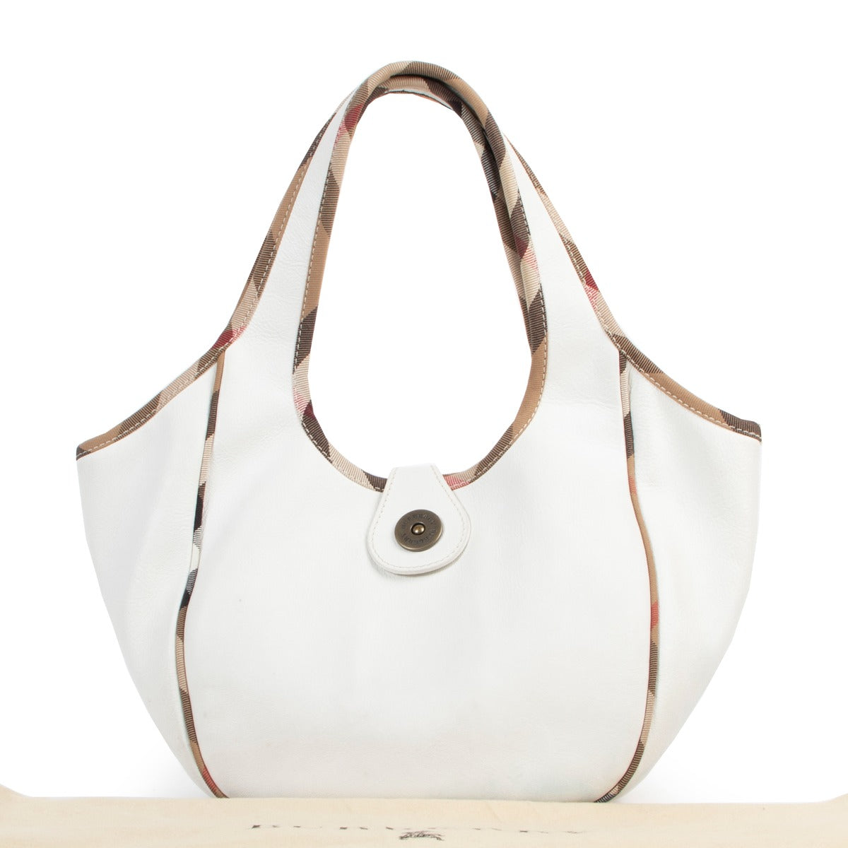 Burberry White Leather And Nova Check Trim Hobo Bag is available now at Labellov Luxury for a reasonable price and in preloved condition. Get it now!
