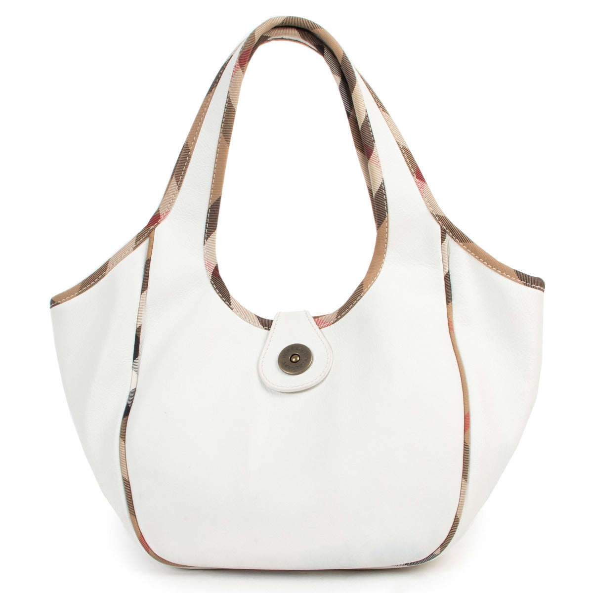 Burberry White Leather And Nova Check Trim Hobo Bag