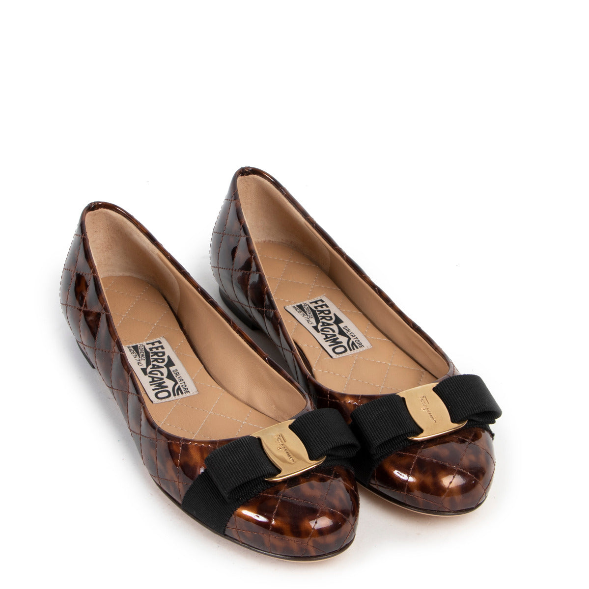 Ballerines Salvatore Ferragamo matelassées vernies marron écaille de tortue - taille 37.5
