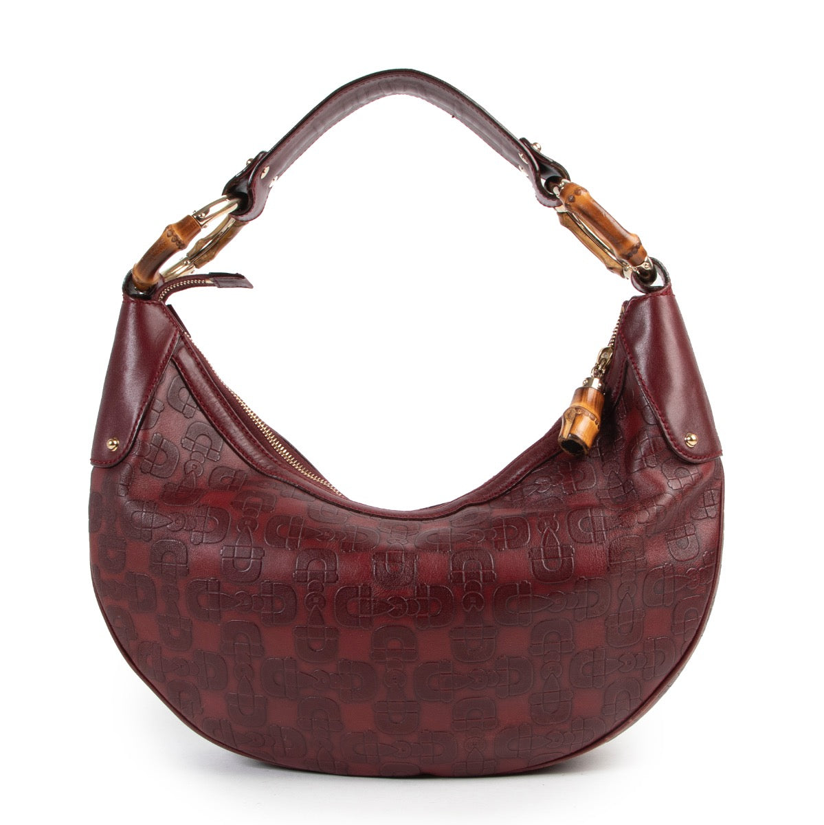 Shop safe online or in store at Labellov for a reasonable price of designer items. This Gucci Burgundy Horsebit Bamboo Ring Moon Hobo Bag is available at Labellov.