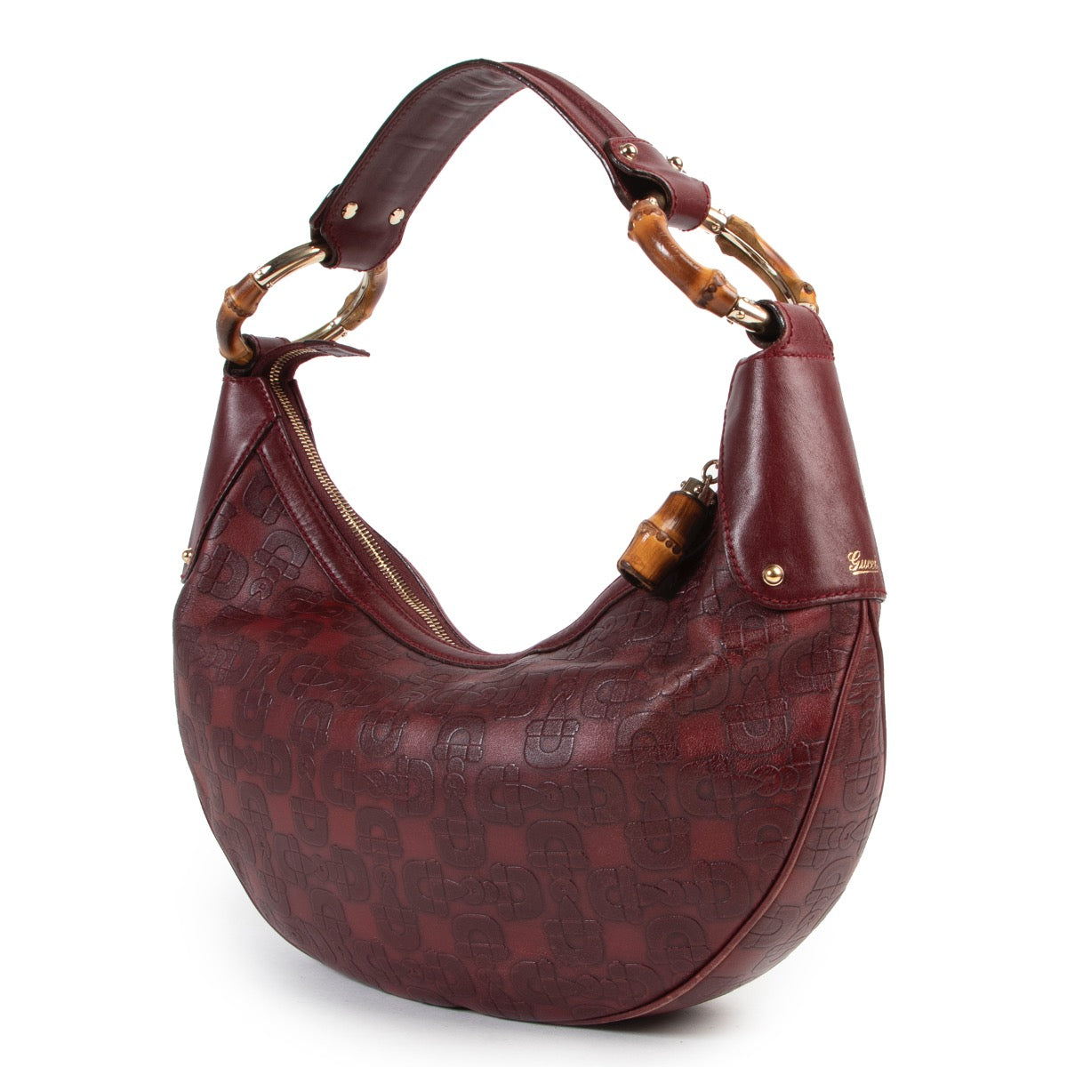 Shop safe online or in store at Labellov for a reasonable price of designer items. This Gucci Burgundy Horsebit Bamboo Ring Moon Hobo Bag is available at Labellov.