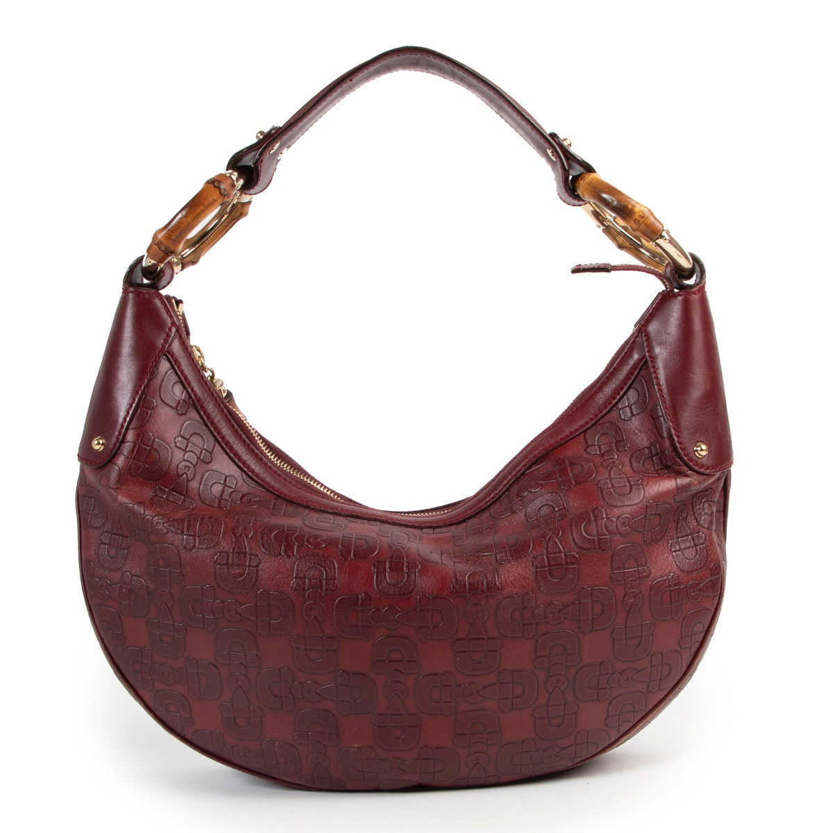 Shop safe online or in store at Labellov for a reasonable price of designer items. This Gucci Burgundy Horsebit Bamboo Ring Moon Hobo Bag is available at Labellov.