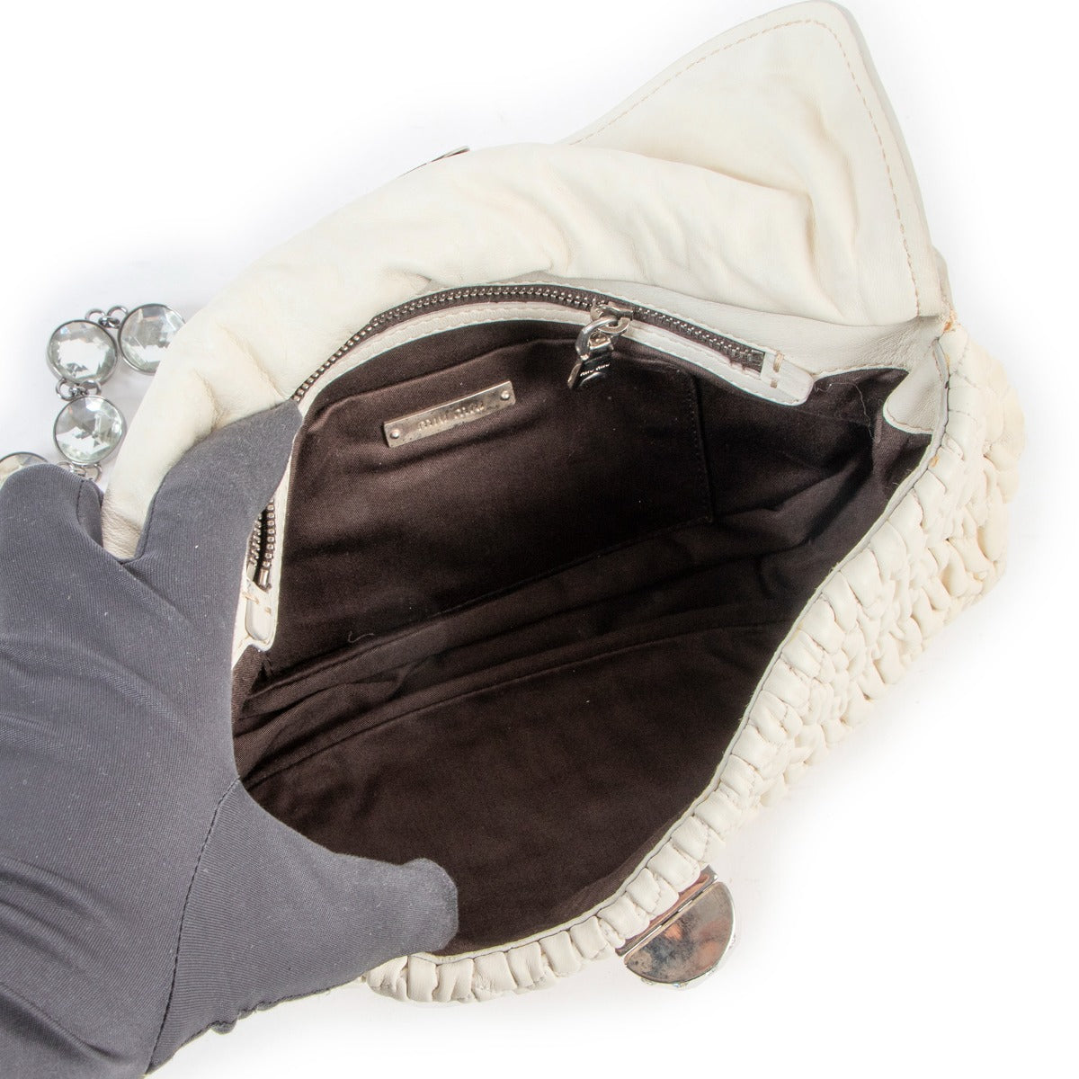 Buy an authentic second hand Miu Miu White Crystal Matelasse Shoulder Bag in good condition at Labellov in Antwerp.
