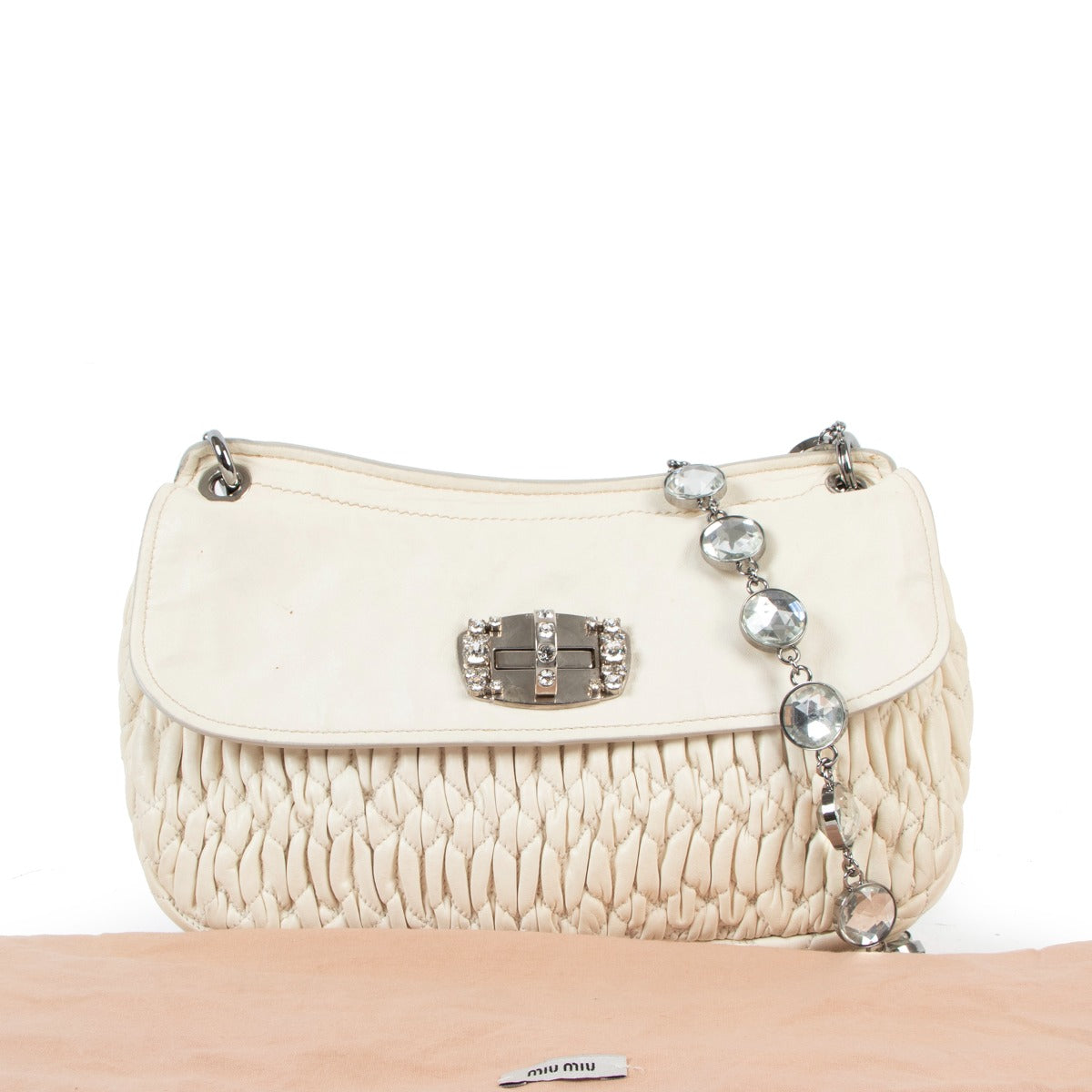 Buy an authentic second hand Miu Miu White Crystal Matelasse Shoulder Bag in good condition at Labellov in Antwerp.