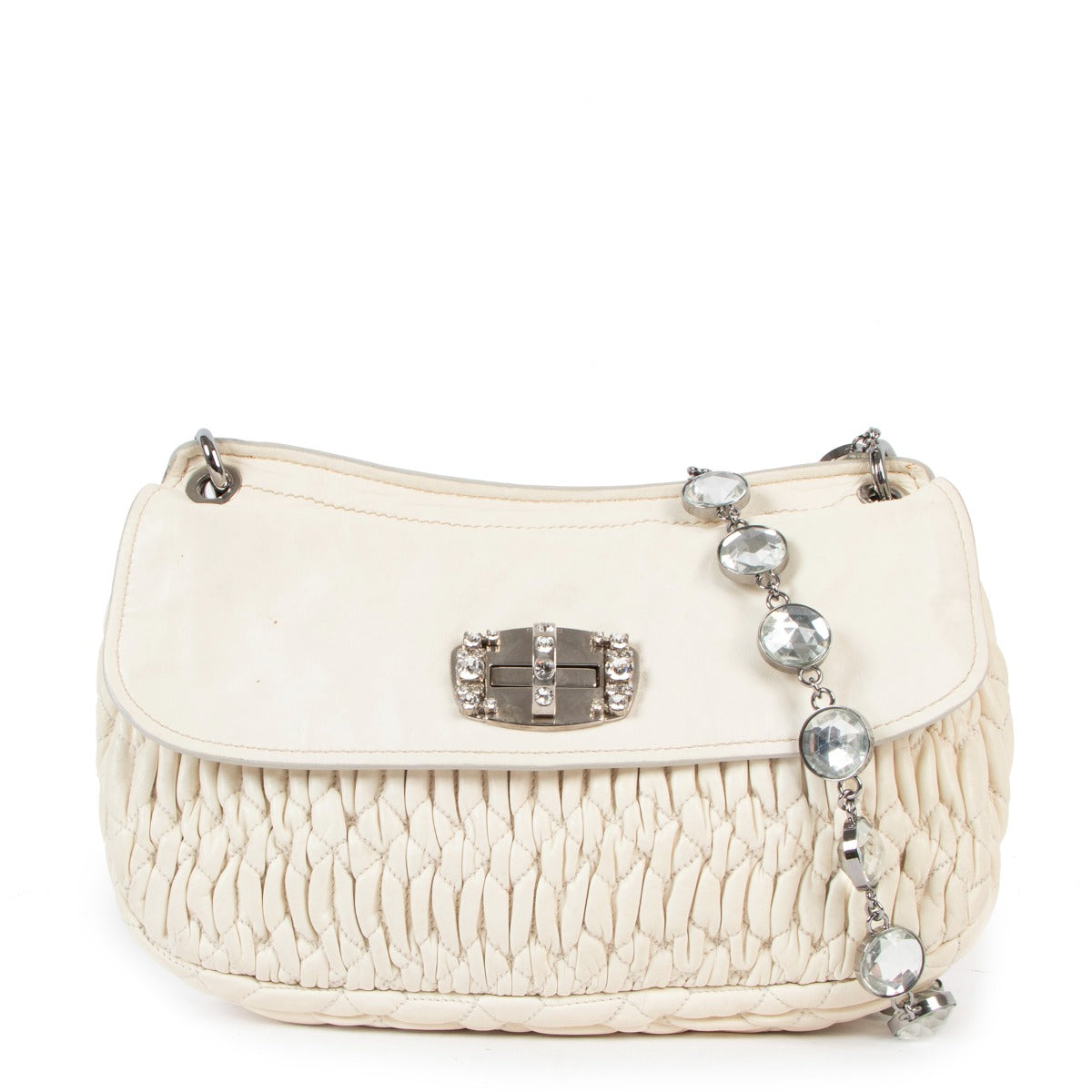 Buy an authentic second hand Miu Miu White Crystal Matelasse Shoulder Bag in good condition at Labellov in Antwerp.
