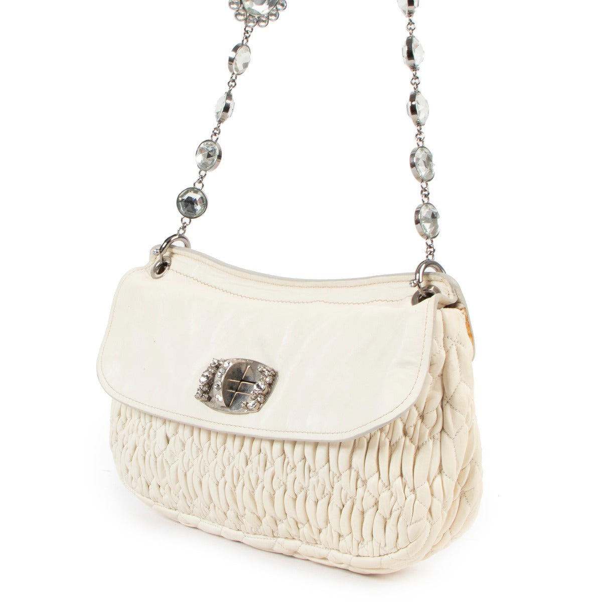 Buy an authentic second hand Miu Miu White Crystal Matelasse Shoulder Bag in good condition at Labellov in Antwerp.